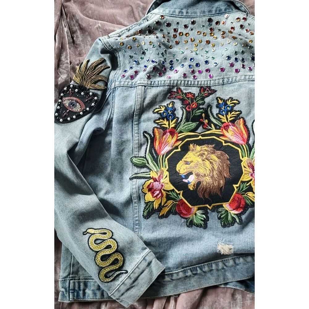 Brebitz One Of A Kind Reworked Studded Denim Jacket Appliques SZ S